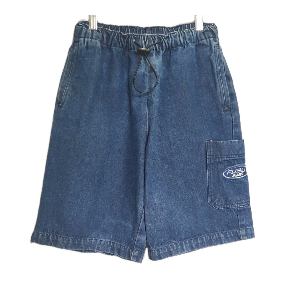 FUBU Vintage Baggy Y2K Denim Jeans Shorts Jorts Unisex Elastic Waist Hip-Hop L